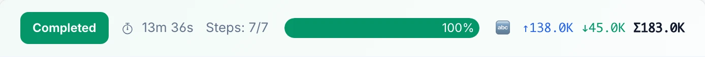 Execution detail screenshot: the run's duration and usage summary